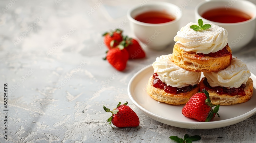 A plate holds a stack of strawberry shortcakes, each topped with whipped cream and fresh strawberries Nearby, sit two steaming cups of tea A plate holds a stack of strawberry shortcakes, each topped with whipped cream and fresh strawberries Nearby, sit two steaming cups of tea
