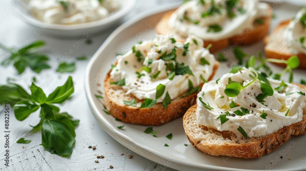 A white plate holds two slices of bread, each spread with cream cheese, and adorned with green sprigs as garnish A white plate holds two slices of bread, each spread with cream cheese, and adorned with green sprigs as garnish