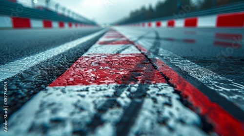  A tight shot of a red and white roadline, flanked by red and white striped road markers photo