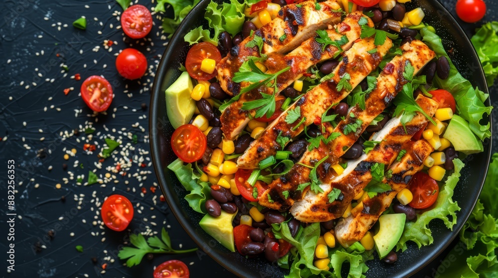 A salad featuring chicken, avocado, tomatoes, black beans, corn, and more tomatoes, artfully arranged on a black plate A salad featuring chicken, avocado, tomatoes, black beans, corn, and more tomatoes, artfully arranged on a black plate