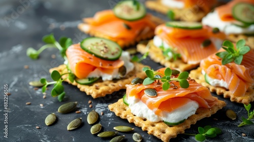  A table is topped with a spread of crackers Some are covered with a layer of salmon, while others are garnished with slices of cucumber, all resting at