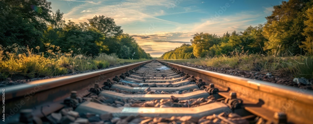 Fototapeta premium A scenic railroad track vanishing into the distance under a bright sky.