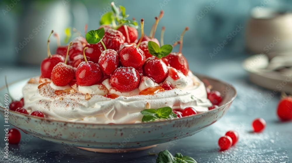 A tight shot of a plate bearing whipped cream and cherries on a table, surrounded by additional cherries