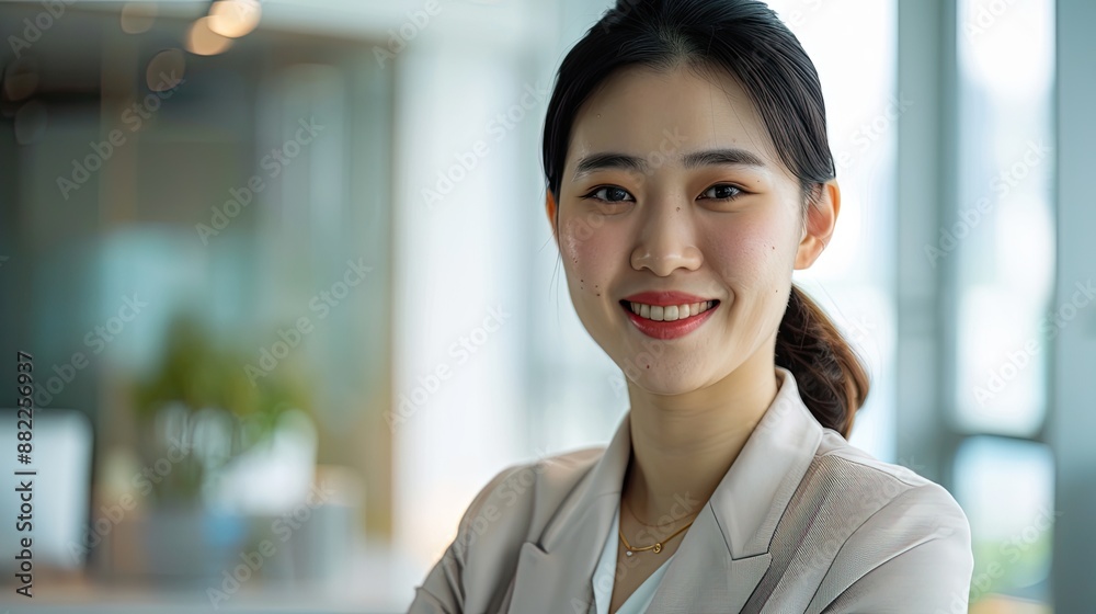 Portrait of a young handsome chinese businesswoman, wearing a beige suit. Portrait of a young handsome chinese businesswoman, wearing a beige suit.