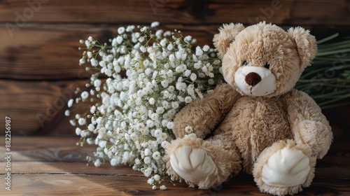  A  bear sits next to a bouquet of baby's breath on a weathered wooden table Behind it, a worn wooden wall forms the backdrop
