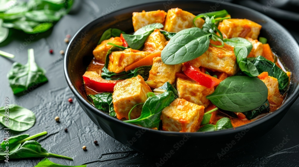 A pan with tofu and spinach sits atop a black table Nearby, a green garnish of leafy leaves is placed A pan with tofu and spinach sits atop a black table Nearby, a green garnish of leafy leaves is placed
