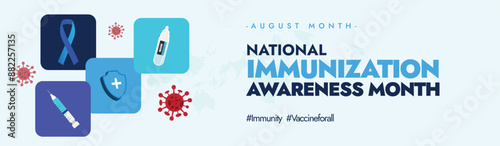 National Immunisation awareness Month. August Immunization month cover banner with icons, stickers,  of syringe, vaccine bottle, protection shield, virus, ribbon. NIAM shows vaccine importance.