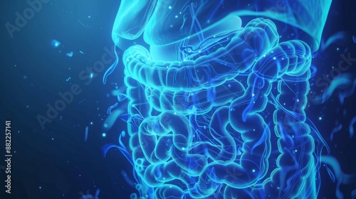 3d illustration of human intestine made of blue plastic isolated on white background.