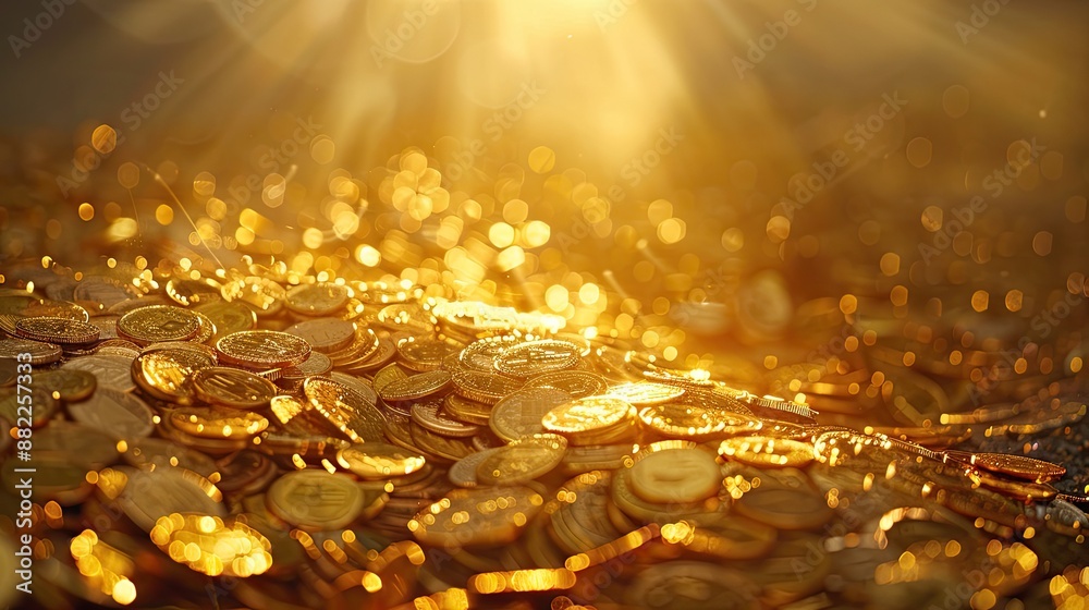 A pile of gold coins illuminated with yellow light, sparkling reflections, wealth concept. A pile of gold coins illuminated with yellow light, sparkling reflections, wealth concept.