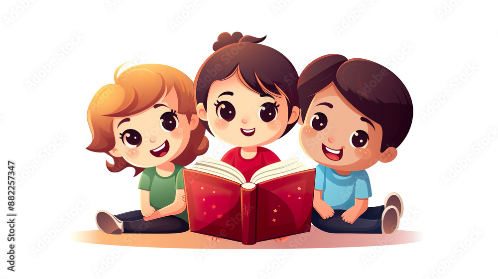 Kids engrossed in a book against a white background Kids engrossed in a book against a white background