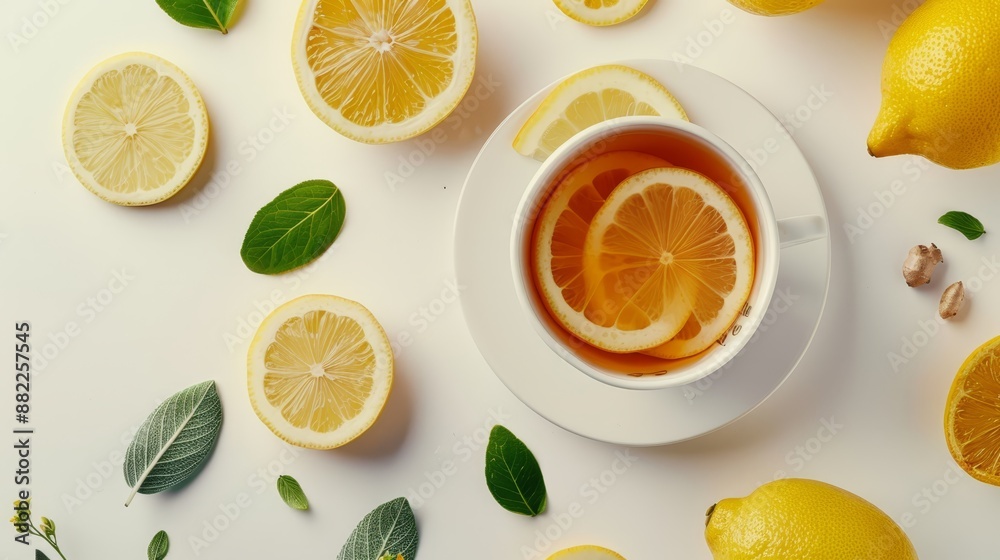 A cup of tea with lemon slices and surrounding green tea leaves on a white surface, accompanied by additional lemons and tea leaves A cup of tea with lemon slices and surrounding green tea leaves on a white surface, accompanied by additional lemons and tea leaves