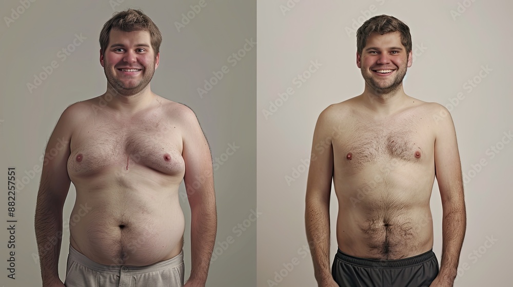 Before and after portrait of a boy after losing weight, in split screen. Before and after portrait of a boy after losing weight, in split screen.
