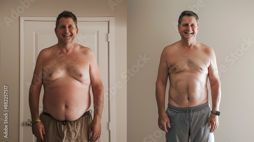 Before and after portrait of a mature man after losing weight, in split screen.