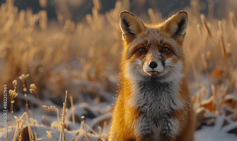 Junger Fuchs bei Frost auf Futtersuche sitzt im Feld im Winter Junger Fuchs bei Frost auf Futtersuche sitzt im Feld im Winter