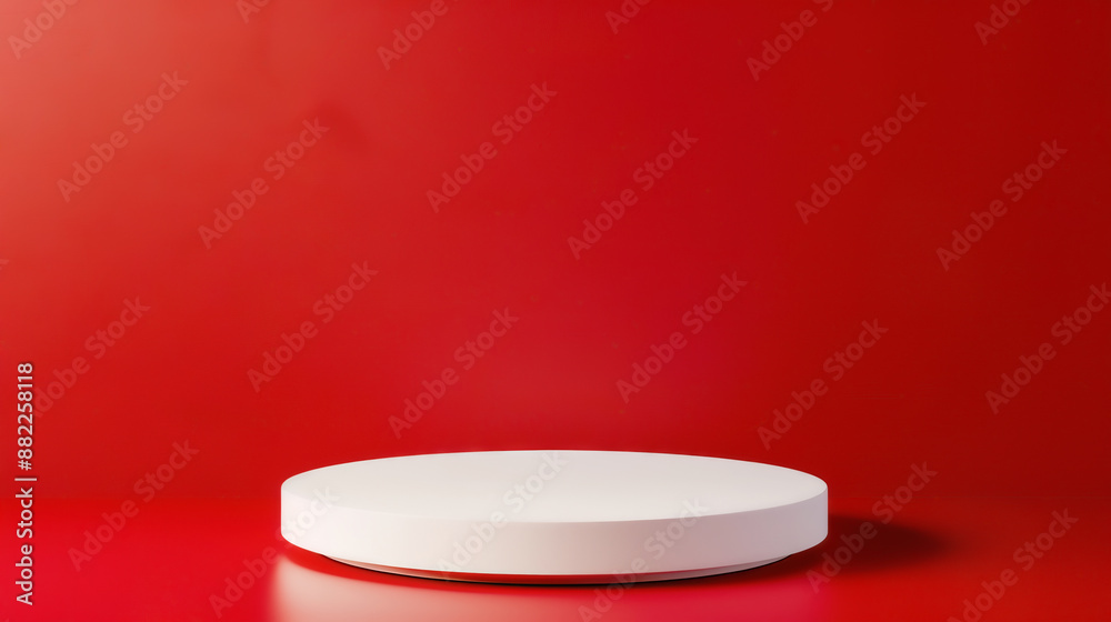 Minimalist white round platform on a vibrant red background, perfect for product display and advertisements. High Quality Minimalist white round platform on a vibrant red background, perfect for product display and advertisements. High Quality