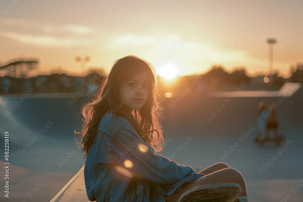 Pensive Girl at Sunset in Urban Skate Park Pensive Girl at Sunset in Urban Skate Park