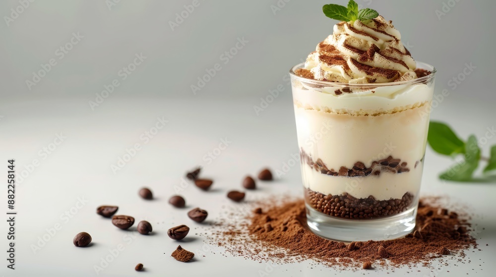 A dessert in a glass topped with whipped cream, chocolate chips, and a garnish of fresh green leaves A dessert in a glass topped with whipped cream, chocolate chips, and a garnish of fresh green leaves