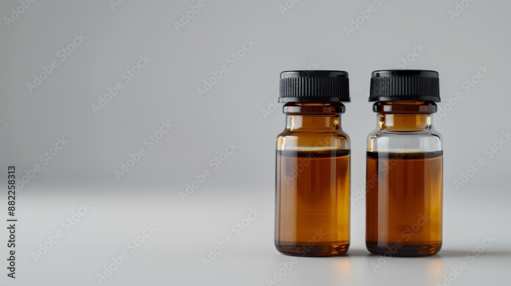 Two bottles, one next to the other, atop a white table Black caps adorn their summits Two bottles, one next to the other, atop a white table Black caps adorn their summits