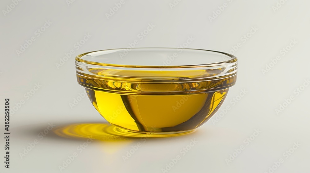 A glass bowl, brimming with oil, sits atop a pristine white table Nearby rests an unopened bottle of olive oil also positioned on the table A glass bowl, brimming with oil, sits atop a pristine white table Nearby rests an unopened bottle of olive oil also positioned on the table