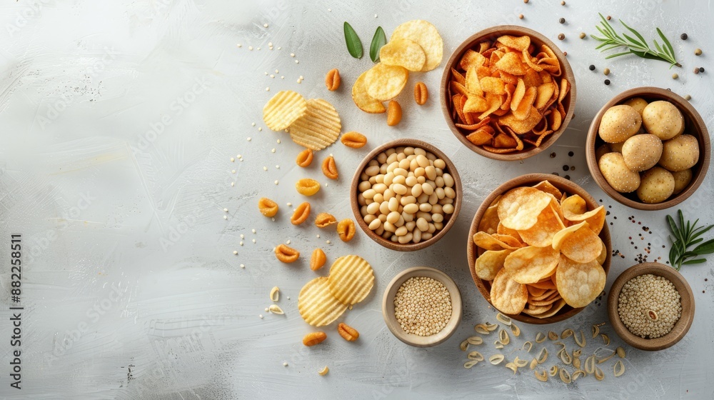 A table, laden with bowls holding various foods, alongside a bowl of chips and another of crackers A table, laden with bowls holding various foods, alongside a bowl of chips and another of crackers