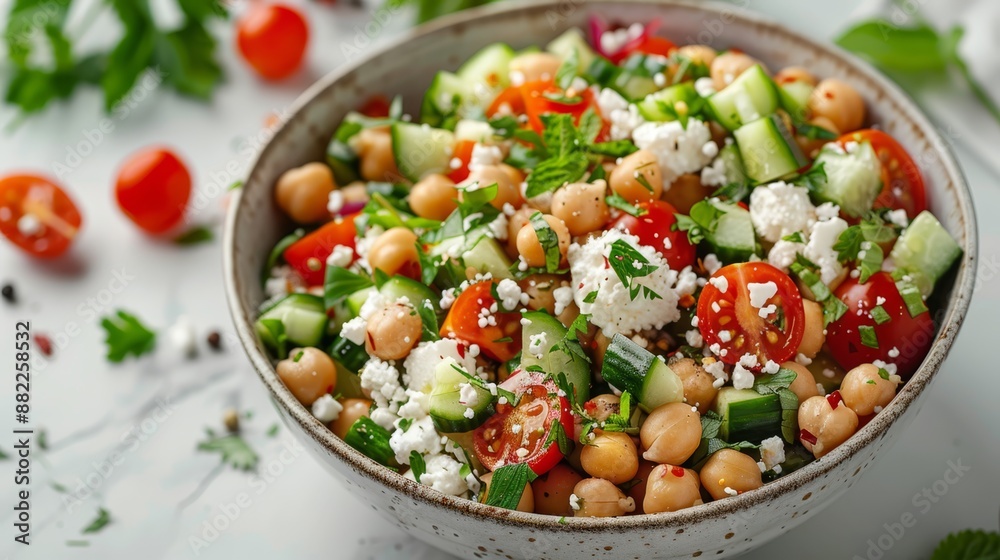 A bowl holds a fresh salad of chickpeas, cucumbers, tomatoes, feta cheese, and parsley A bowl holds a fresh salad of chickpeas, cucumbers, tomatoes, feta cheese, and parsley
