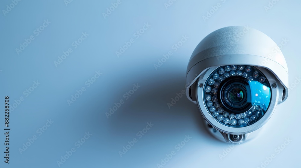 A camera on a white surface with a blue light at the center of its lens A camera on a white surface with a blue light at the center of its lens
