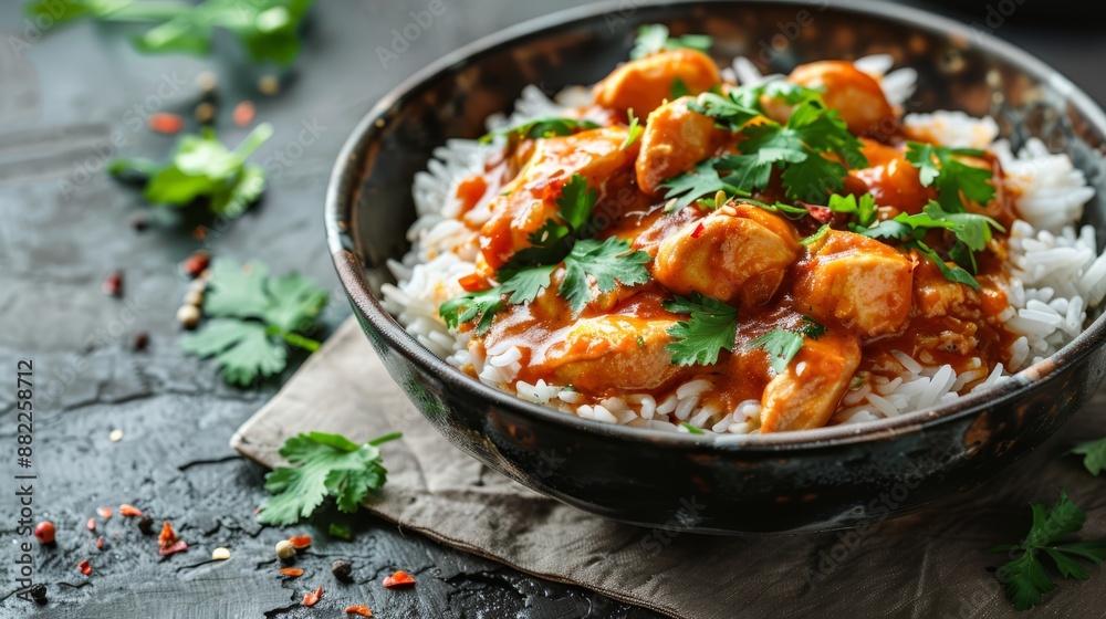 A bowl of chicken and rice garnished with cilantro A bowl of chicken and rice garnished with cilantro