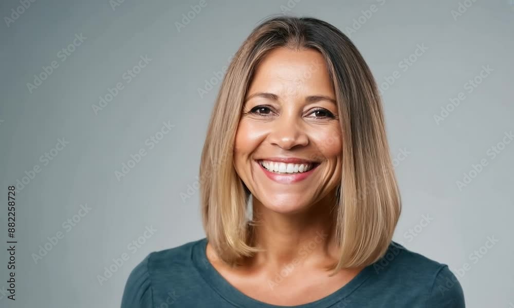 Confident, happy middle-aged woman with blonde hair smiles in front of a grey background, radiating vitality and joy Confident, happy middle-aged woman with blonde hair smiles in front of a grey background, radiating vitality and joy