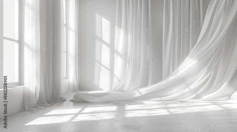 Two white curtained windows, one on each side Two white curtained windows, one on each side