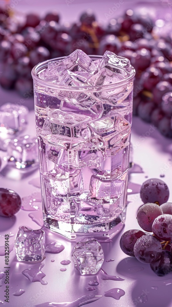 Glass of water filled with ice cubes, purple background and purple grapes Glass of water filled with ice cubes, purple background and purple grapes