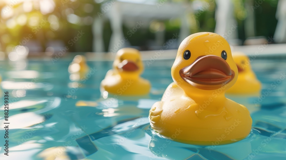 A collection of yellow rubber ducks atop a blue swimming pool under a sunlit sky A collection of yellow rubber ducks atop a blue swimming pool under a sunlit sky