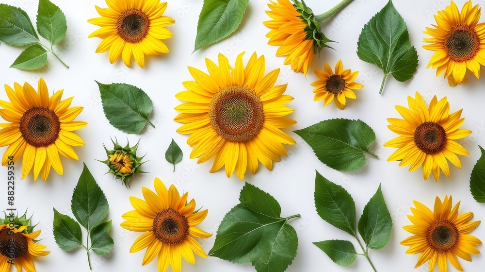 A white backdrop hosts a cluster of sunflowers Their vibrant yellow petals encircle a central yellow disk, while their verdant leaves are green Smaller sunflowers A white backdrop hosts a cluster of sunflowers Their vibrant yellow petals encircle a central yellow disk, while their verdant leaves are green Smaller sunflowers