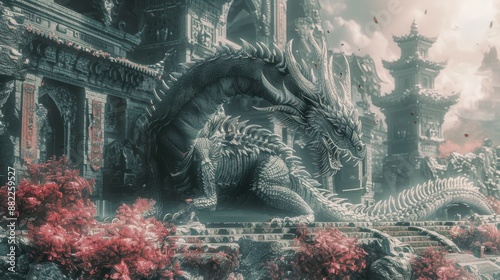 A dragon hoarding a pile of blooming treasure in a dark cave theme, front view, symbolizing mystical wealth, futuristic tone, Complementary Color Scheme