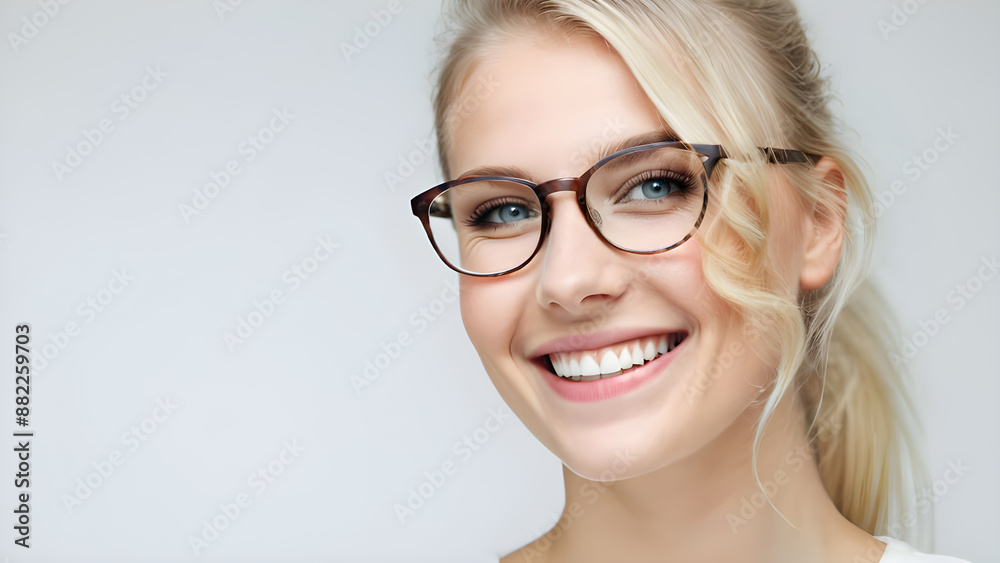 Portrait of smiling young woman with eyeglasses on grey background Portrait of smiling young woman with eyeglasses on grey background
