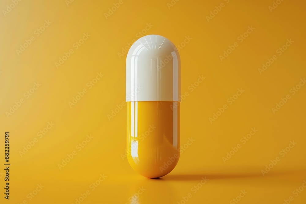Single white and yellow capsule pill isolated on bright orange background. Single white and yellow capsule pill isolated on bright orange background.