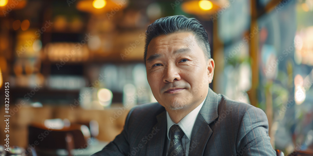 Fototapeta premium Businessman in a Modern Cafe, Smiling Confidently, Wearing a Suit and Tie