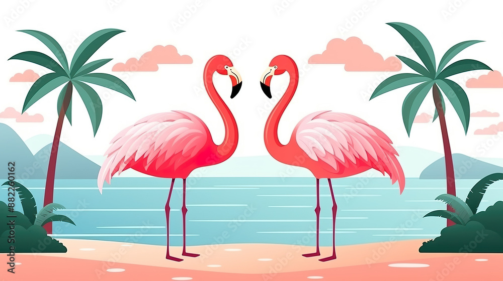 Obraz premium solitary pair of flamingos in the sea against a white background