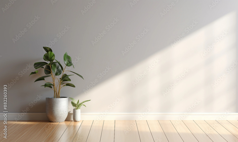 light gray wall and and a wooden floor with a potted plant light gray wall and and a wooden floor with a potted plant