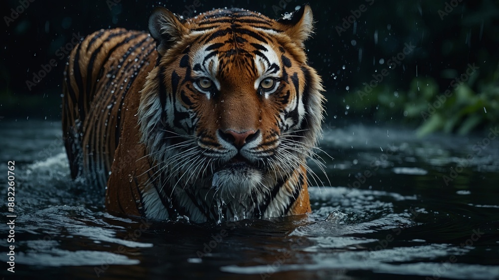 A majestic tiger, with piercing eyes and wet fur, emerges from dark waters, creating a dramatic and intense atmosphere. A majestic tiger, with piercing eyes and wet fur, emerges from dark waters, creating a dramatic and intense atmosphere.
