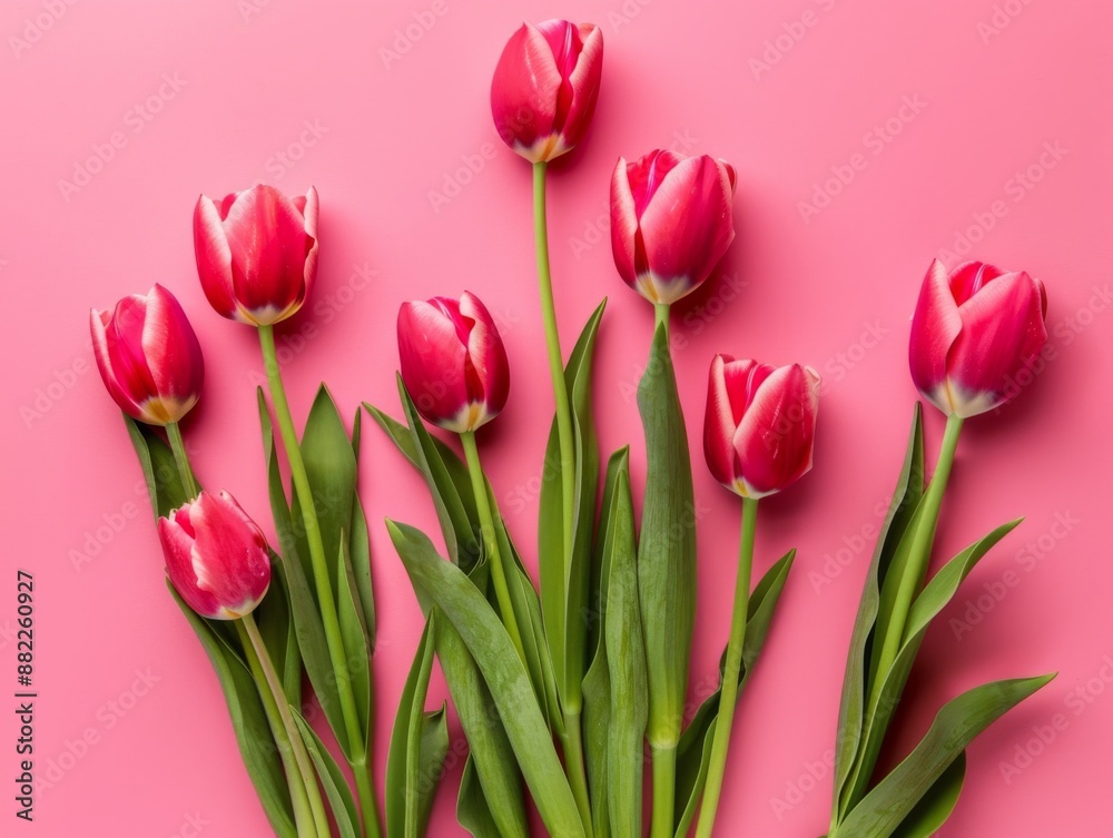 Elegant pink tulip flower over pastel pink background. Minimalist simple close up view flower