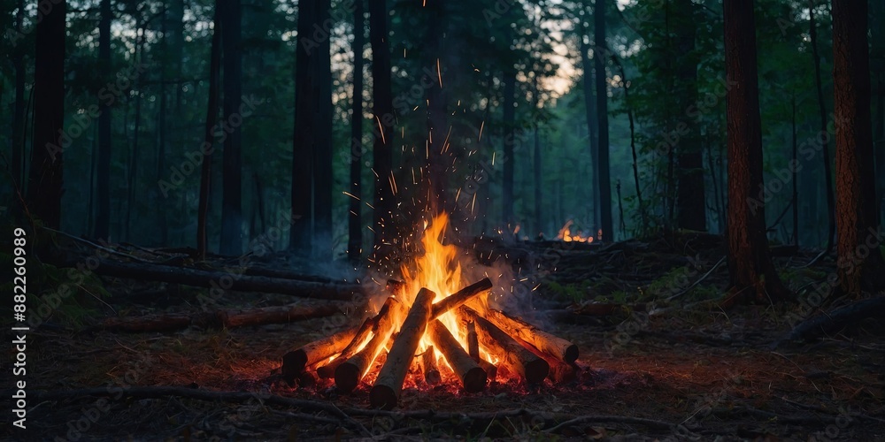 A captivating bonfire in a dense forest, with sparks flying amidst the twilight The warm light from the fire contrasts with the cool tones of the surrounding woods. A captivating bonfire in a dense forest, with sparks flying amidst the twilight The warm light from the fire contrasts with the cool tones of the surrounding woods.