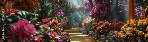 A garden where plants sprout from gold bars in a lush forest theme, front view, symbolizing natures wealth, futuristic tone, Complementary Color Scheme