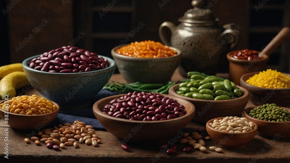 a table with a variety of beans and other foods on it. a table with a variety of beans and other foods on it.