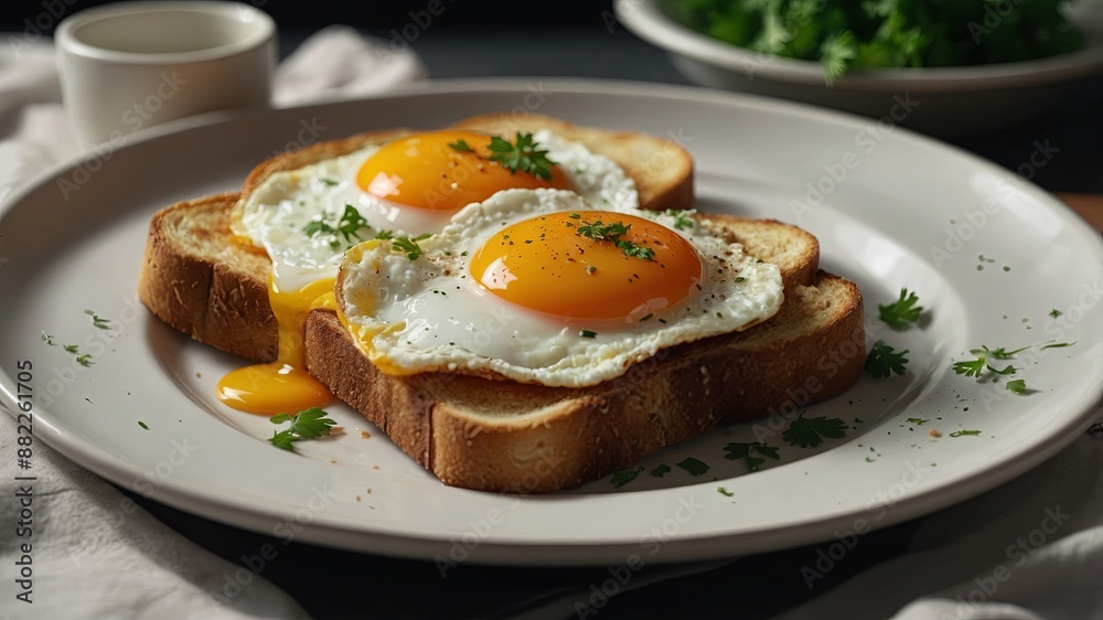 A white plate topped with two pieces of toast with fried eggs on top, garnished with parsley.