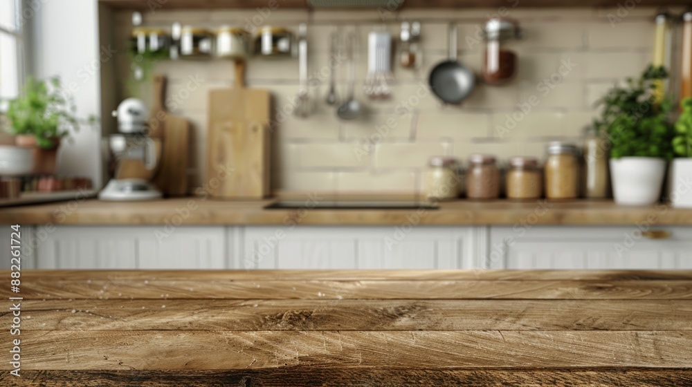 Rustic Kitchen Countertop with Blurred Background Rustic Kitchen Countertop with Blurred Background