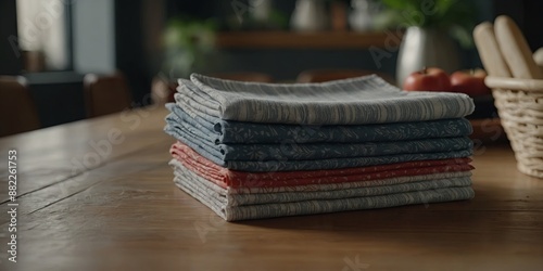 A stack of cloth napkins sitting on the dining table replacing disposable paper ones. photo