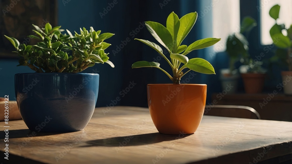 Fototapeta premium A small orange pot with a plant sits on a table next to a blue cup.