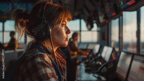 Woman air traffic controller works in control tower.