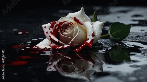 Fototapeta Naklejka Na Ścianę i Meble -  a white rose laying in a puddle or pool of blood dripping blood on white petals black background romance concept.