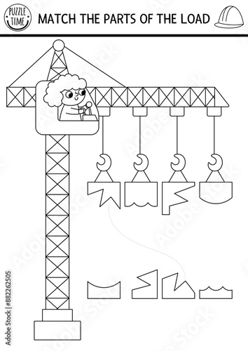 Construction site black and white shadow and shape matching activity with lifting crane, operator. Find correct silhouette printable worksheet, game, coloring page for kids. Match parts of load